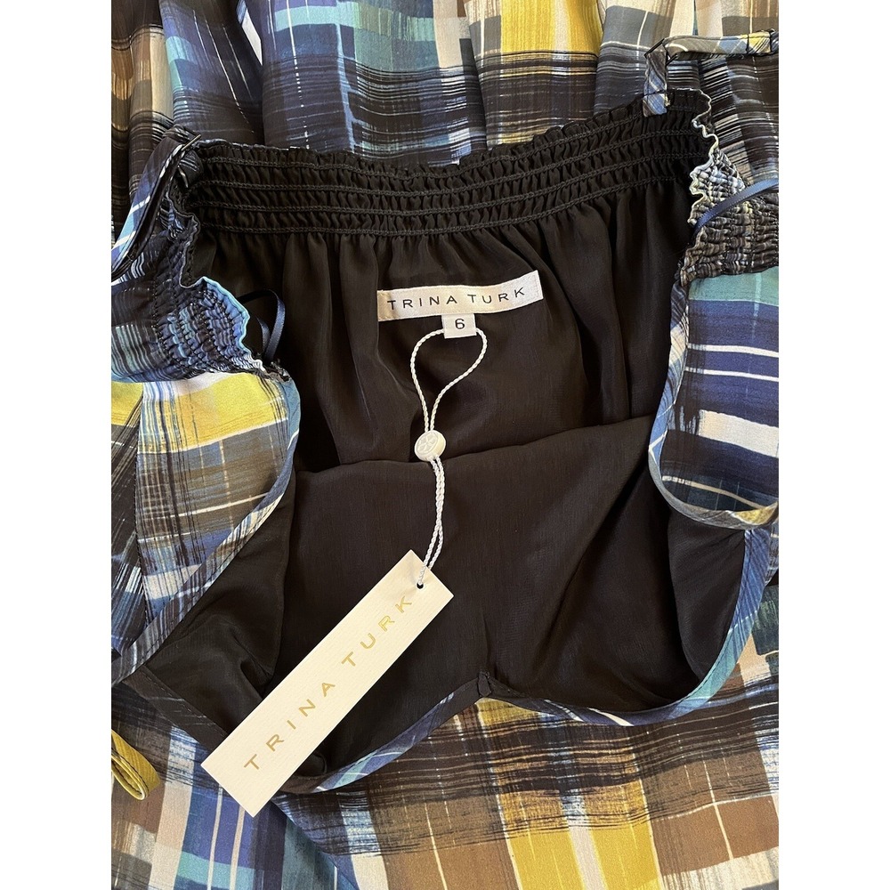 Trina Turk Maryiah Slip Dress V Neck Drop Waist Blue Watercolor Plaid Size 6 NWT - Picture 7 of 9